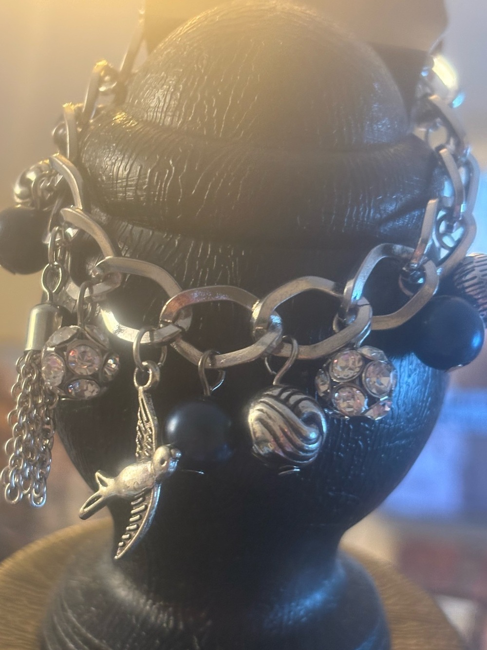 Silver-Tone Navy Bead Charm Bracelet with Bird and Crystal Accents